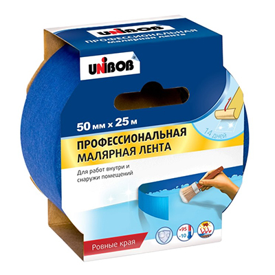 Лента малярная клейкая Unibob (Унибоб) профессиональная нар-вн 50 мм х 25 м (48424/89343)
