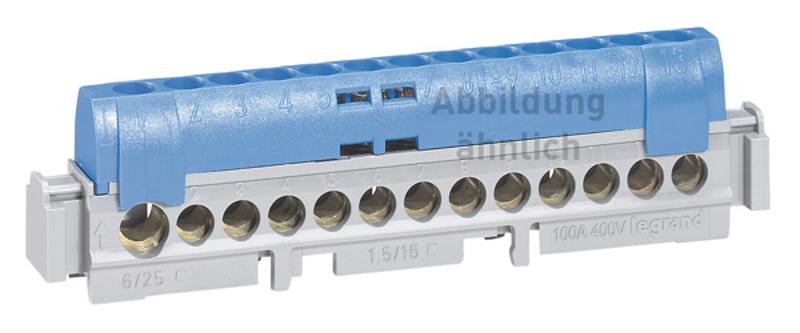 Клеммная колодка IP 2X - нейтраль - синяя - 1 x 6-25 кв мм - 21 x 1,5-16 кв мм - длина 141 мм