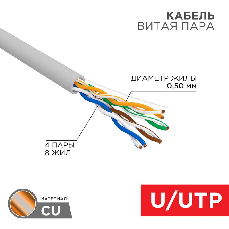Кабель UTP 4PR 24AWG, CU (медь), CAT5e, 100 МГц, PVC, серый, бухта 100 м