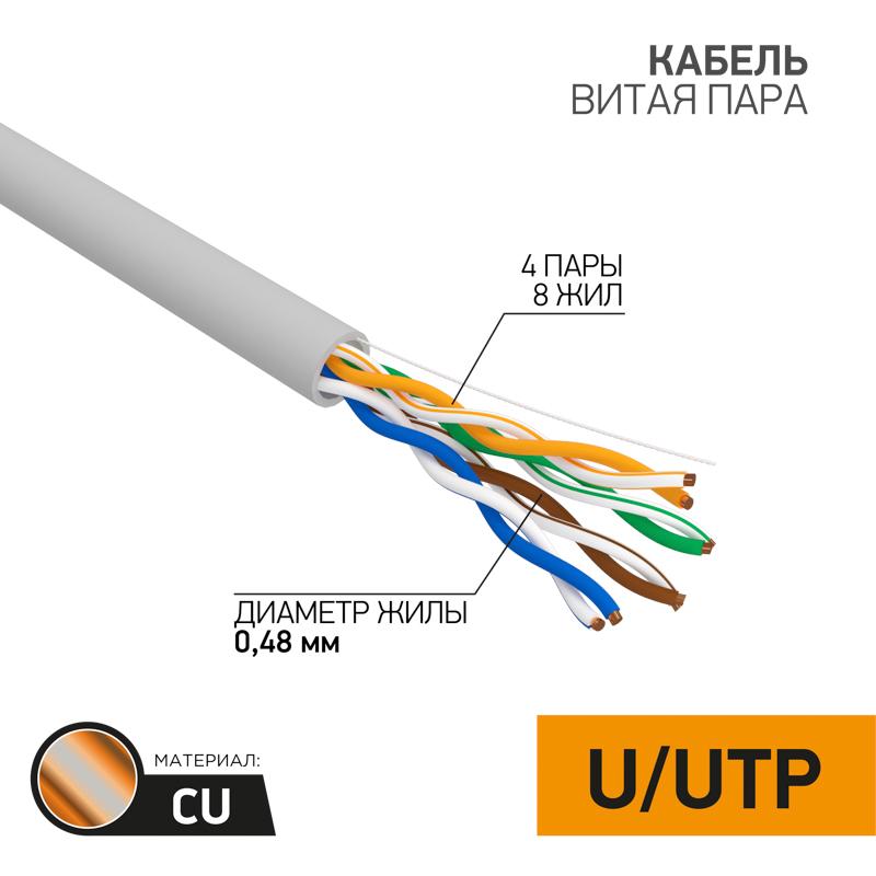 Кабель UTP PROconnect 4PR 24AWG, CU (медь), CAT5E, 100 МГц, PVC, серый, бухта 100 м