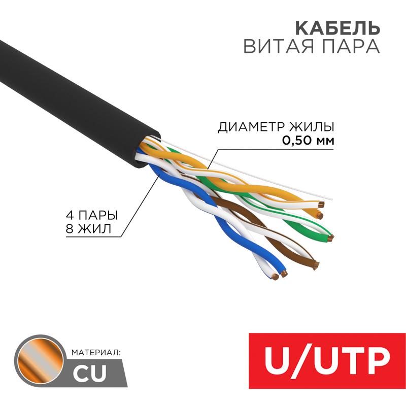 Кабель U/UTP, CAT 5e, ZH нг(А)-HF, 4PR, 24AWG, OUTDOOR, черный, 305м