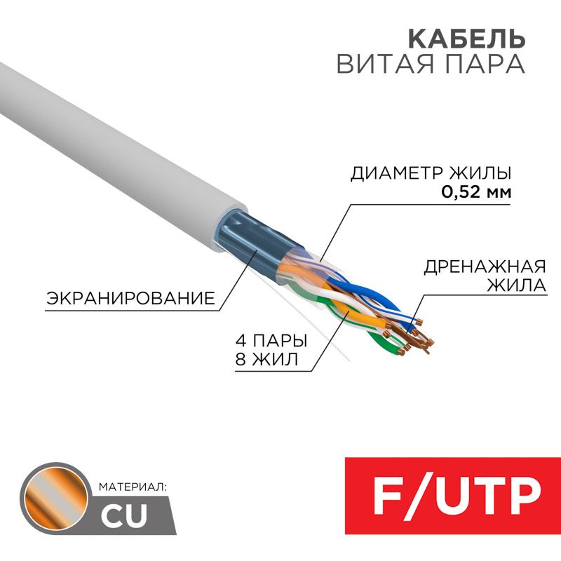 Кабель витая пара F/UTP, CAT 5e, PVC нг(А)-LS, 4х2х0,52мм, 4PR, 24AWG, INDOOR, SOLID, серый, 305м, РФ