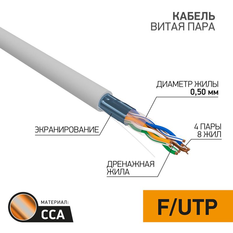 Кабель FTP PROconnect 4PR 24AWG, CCA, CAT5e, PVC, серый, бухта 50 м