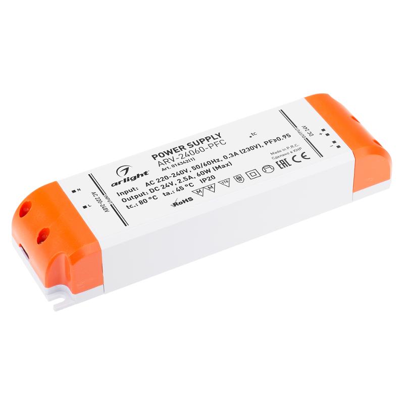 Блок питания LED ARV-KL24060 (24V, 2.5A, 60W, PFC) (Пластик) 60Вт 240/24В IP20