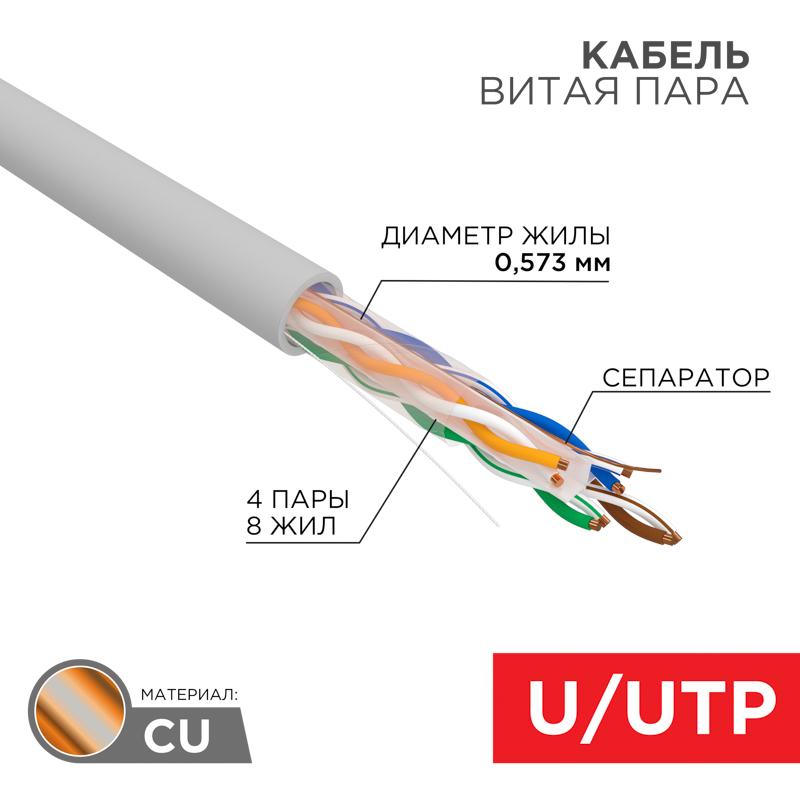 Каб. U/UTP, CAT 6A, ZH нг(А)-HF (LSZH), 4х2х0,57 мм, 23AWG, INDOOR, SOLID, серый, 305м PRO