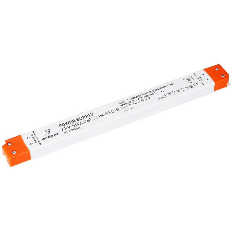 Блок питания ARV-SN24060-SLIM-PFC-B (24V, 2.5A, 60W) (Arlight, IP20 Пластик, 3 года)