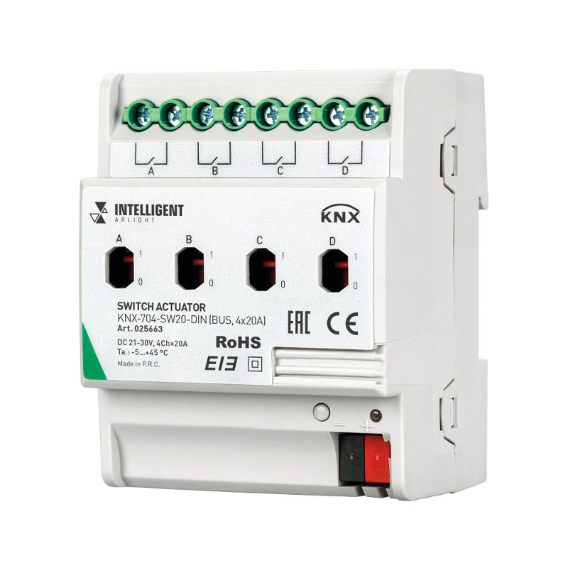 INTELLIGENT ARLIGHT Релейный модуль KNX-704-SW20-DIN (BUS, 4x20A)
