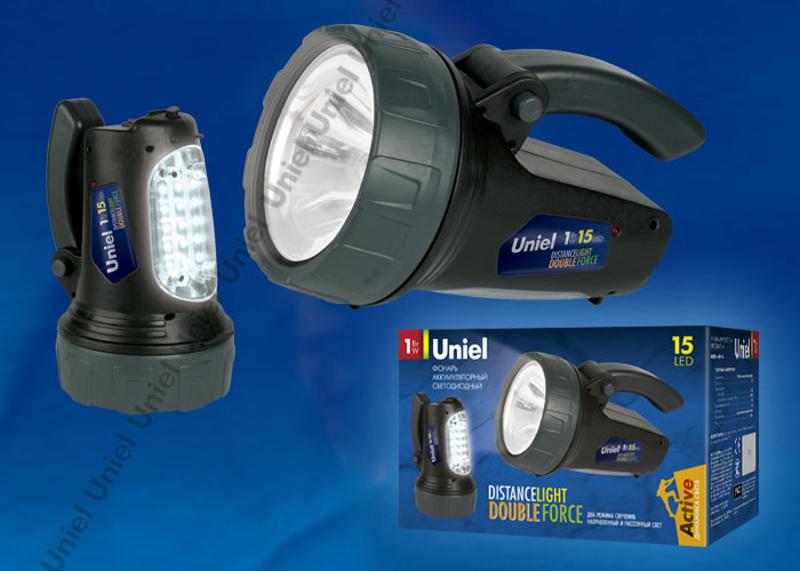 Фонарь прожекторный S-SL017-BA Black Стандарт «Distance lightDouble force». пласт 1W LED + 15 LED, 3,7V, 1000mAh Lithium.ной короб.