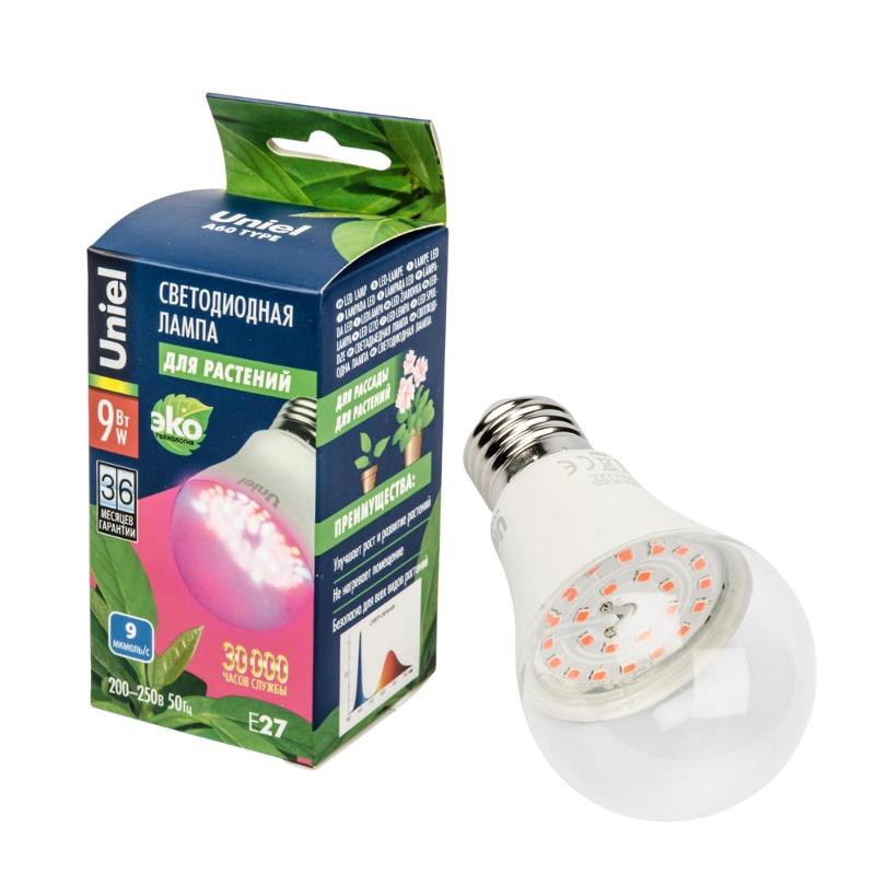 Лампа светодиодная LED-A60-9W/SP/E27/CL ALM01WH LED для растений. "груша" прозрачная колба. Материал корпуса пластик. Упаковка .