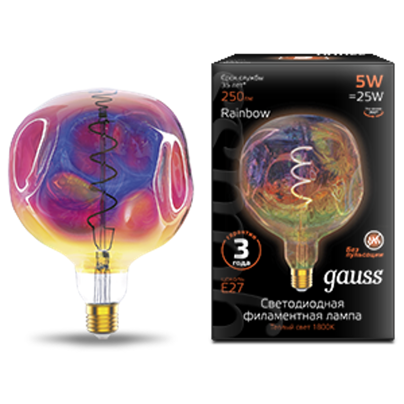 Лампа светодиодная LED Filament Rainbow Spiral G150CR 5W E27 250lm 1800K 1/6