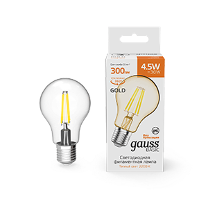 Лампа светодиодная Basic Filament А60 4,5W 300lm 2200К Е27 golden LED 1/10/40