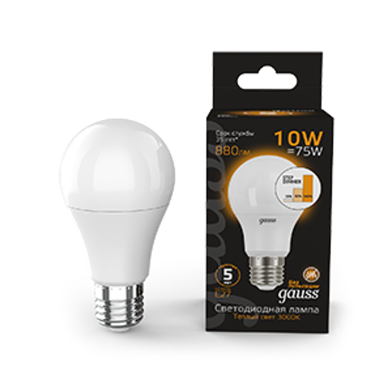 Лампа светодиодная LED 10Вт E27 220В 2700К A60, диммируемая