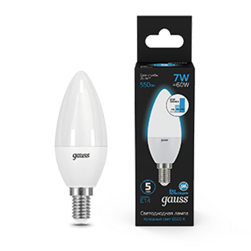Лампа светодиодная свеча 7W 550lm 6500К E14 шаг. диммирование LED1/10/100