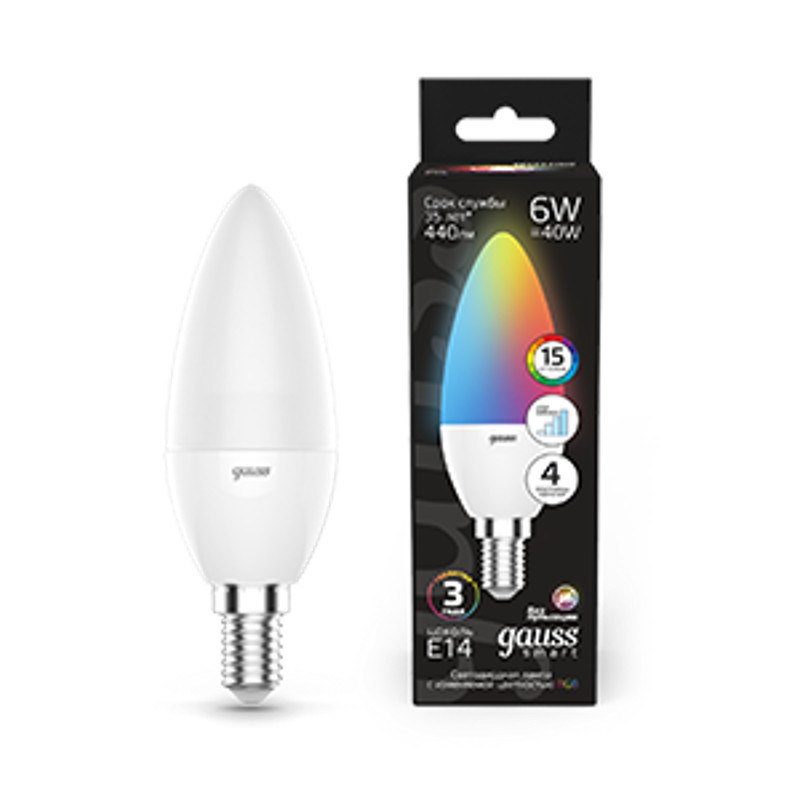 Лампа светодиодная Smart LED Свеча С37 6W E14 RGBW+dim 1/10/100
