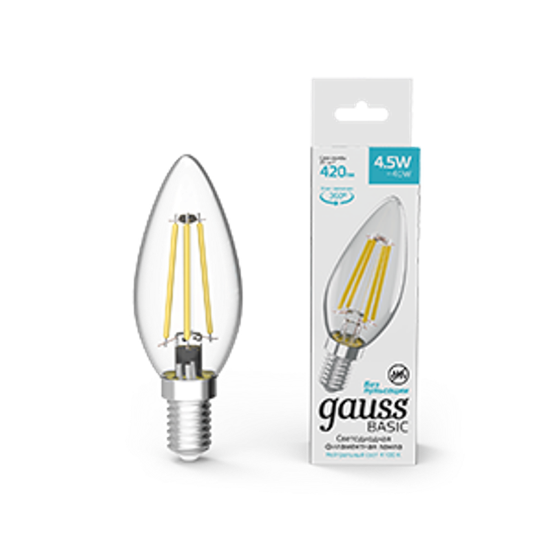 Лампа светодиодная Basic Filament Свеча 4,5W 420lm 4100К Е14 LED 1/10/50
