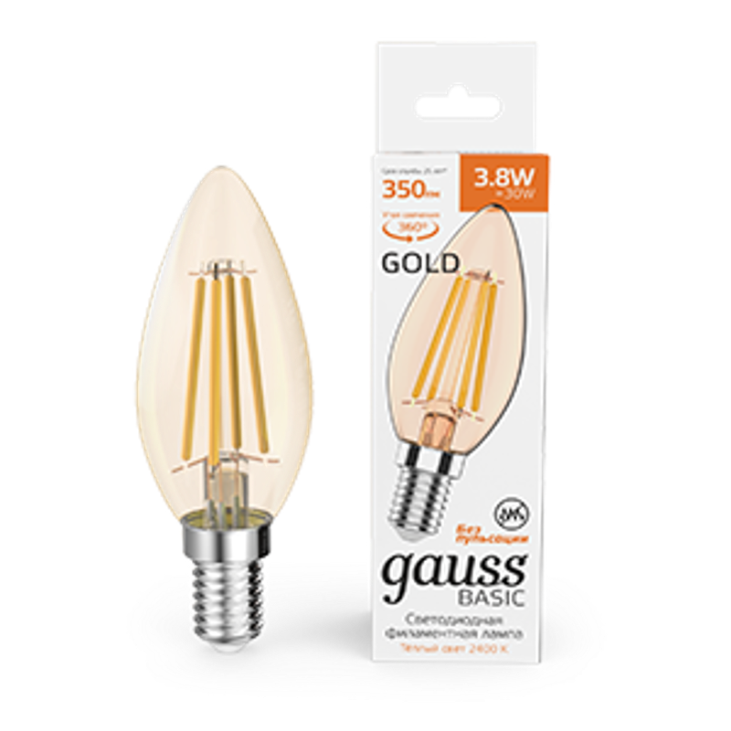 Лампа светодиодная   Basic Filament Свеча 3,8W 350lm 2400К Е14 golden LED 1/10/50