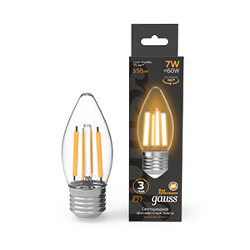 Лампа светодиодная Filament Свеча 7W 550lm 2700К Е27 LED 1/10/50