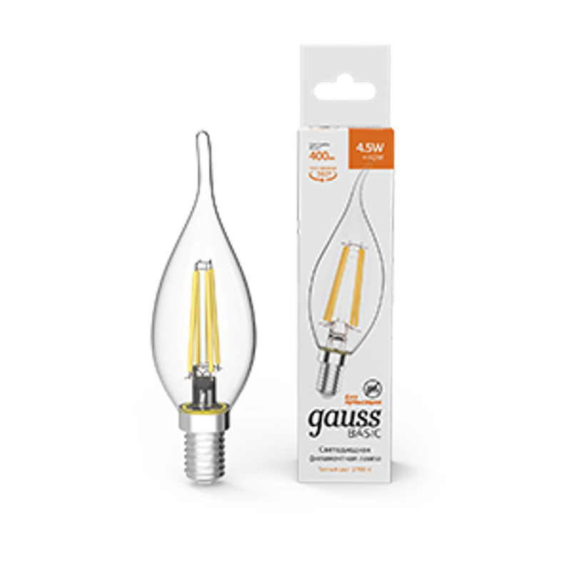 Лампа светодиодная Basic Filament Свеча на ветру 4,5W 400lm 2700К Е14 LED 1/10/50