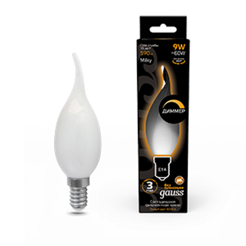 Лампа светодиодная Filament Свеча на ветру 9W 590lm 3000К Е14 milky диммируемая LED 1/10/50