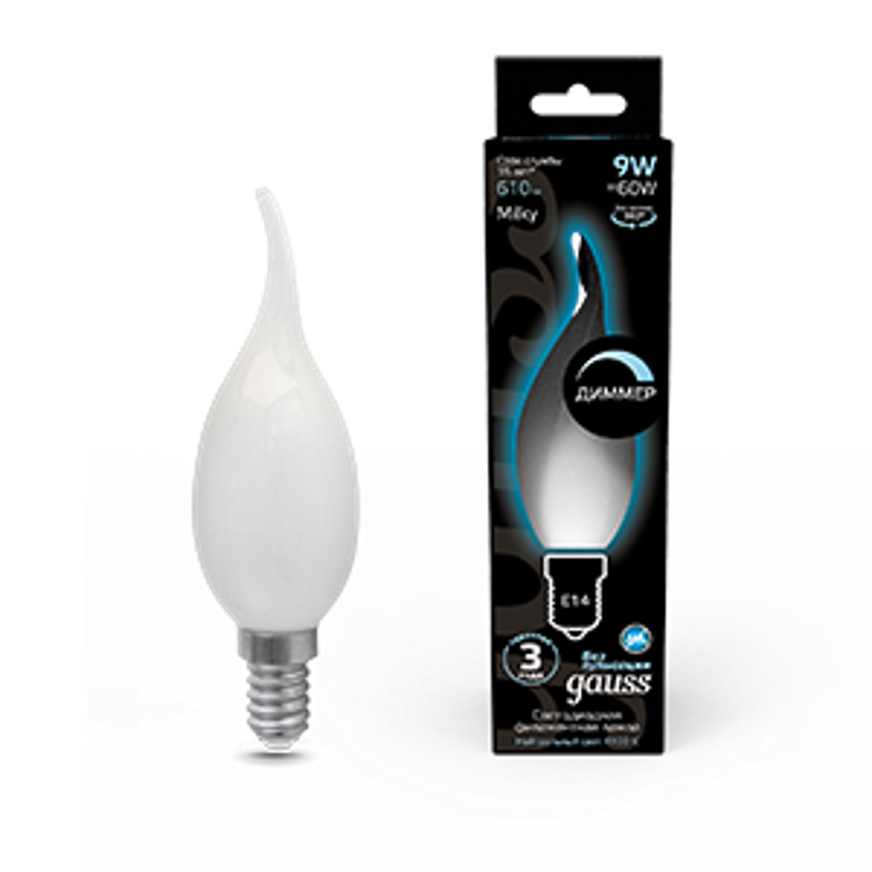 Лампа светодиодная Filament Свеча на ветру 9W 610lm 4100К Е14 milky диммируемая LED 1/10/50