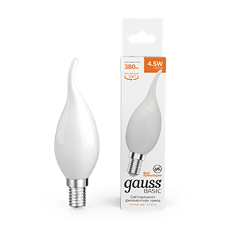 Лампа светодиодная   Basic Filament Свеча на ветру 4,5W 380lm 2700К Е14 milky  LED 1/10/50