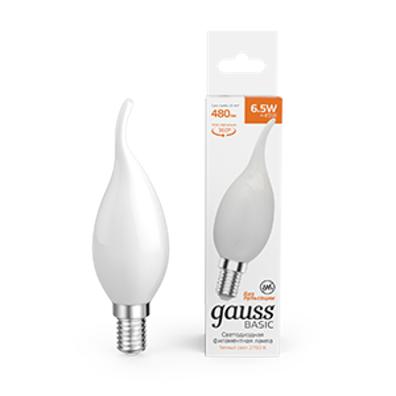 Лампа светодиодная   Basic Filament Свеча на ветру 6,5W 480lm 2700К Е14 milky  LED 1/10/50
