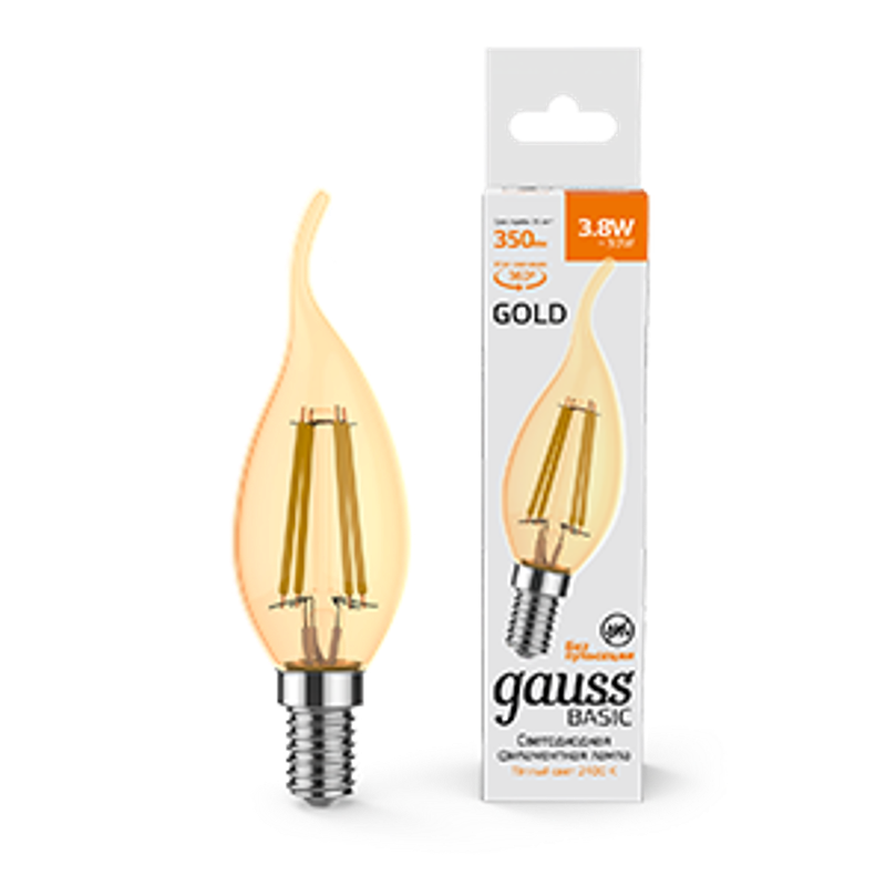 Лампа светодиодная   Basic Filament Свеча на ветру 3,8W 350lm 2400К Е14 golden LED 1/10/50