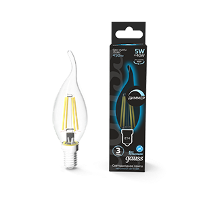 Лампа светодиодная LED 5Вт E14 220В 4100К свеча на ветру, диммируемая