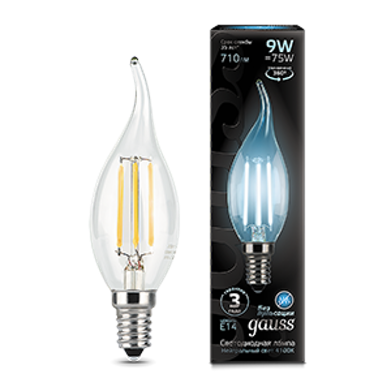 Лампа светодиодная LED Filament Свеча на ветру E14 9W 710lm 4100K