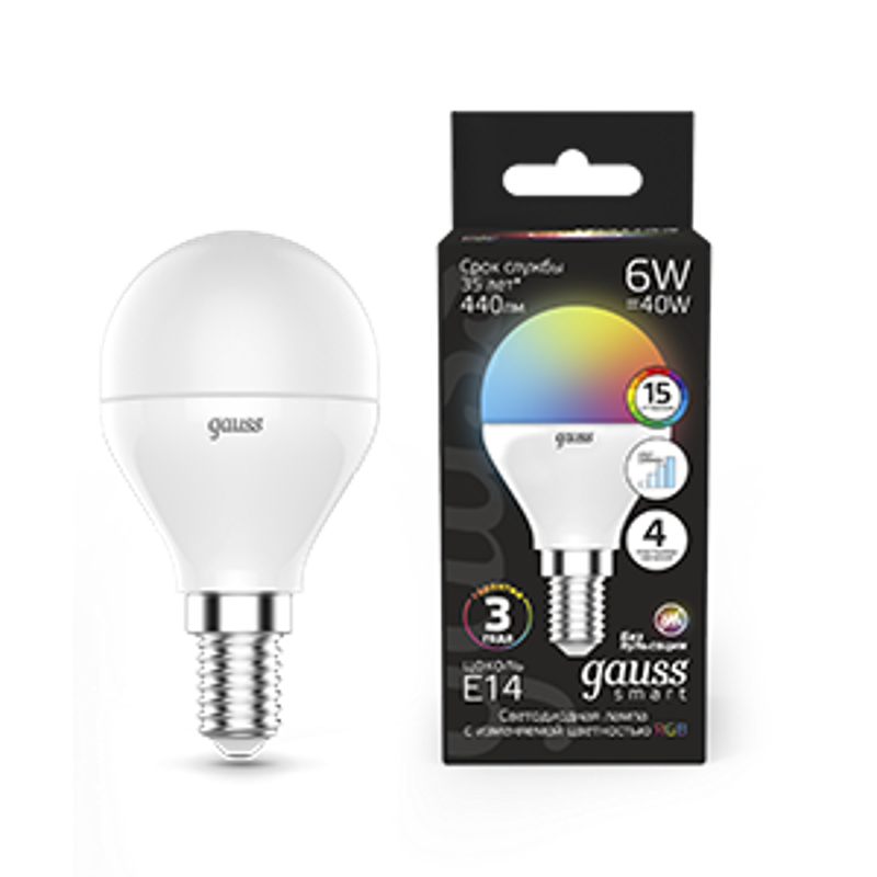 Лампа светодиодная Smart LED Шар G45 6W E14 RGBW+dim 1/10/100