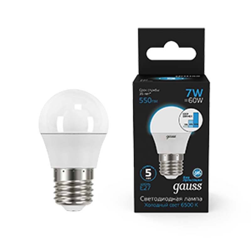 Лампа светодиодная Шар 7W 550lm 6500K Е27 шаг. диммирование LED 1/10/100