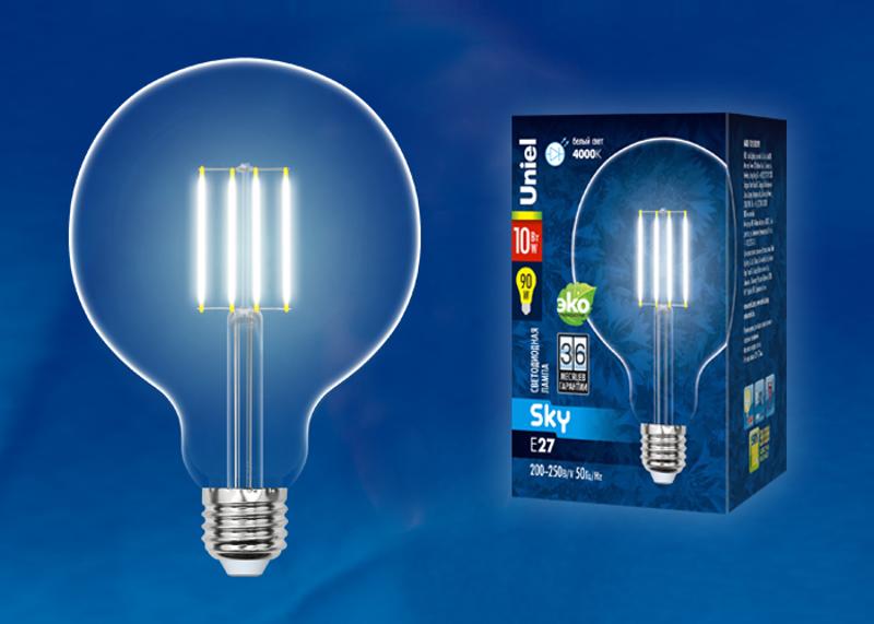 Лампа светодиодная LED-G125-10W/WW/E27/CL PLS02WH LED. "шар", прозр. колба. 3000К Серия Sky