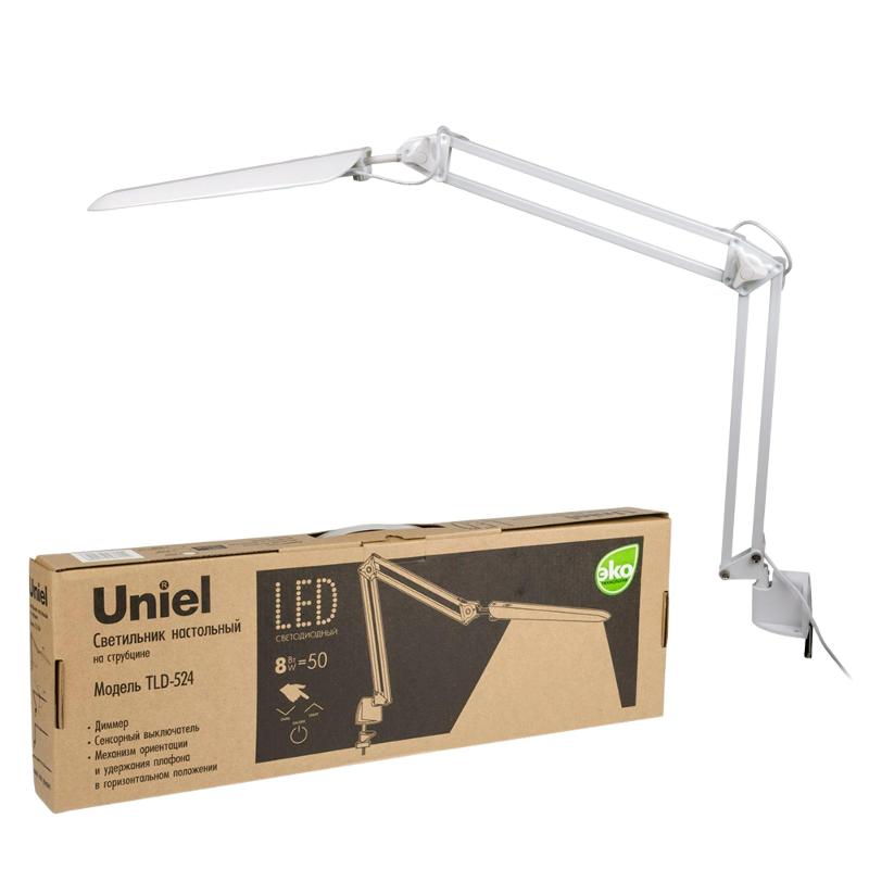 Светильник настольный TLD-524 White/8W/ на струбцине/LED/500Lm/4500K/Dimmer/Цвет-белый