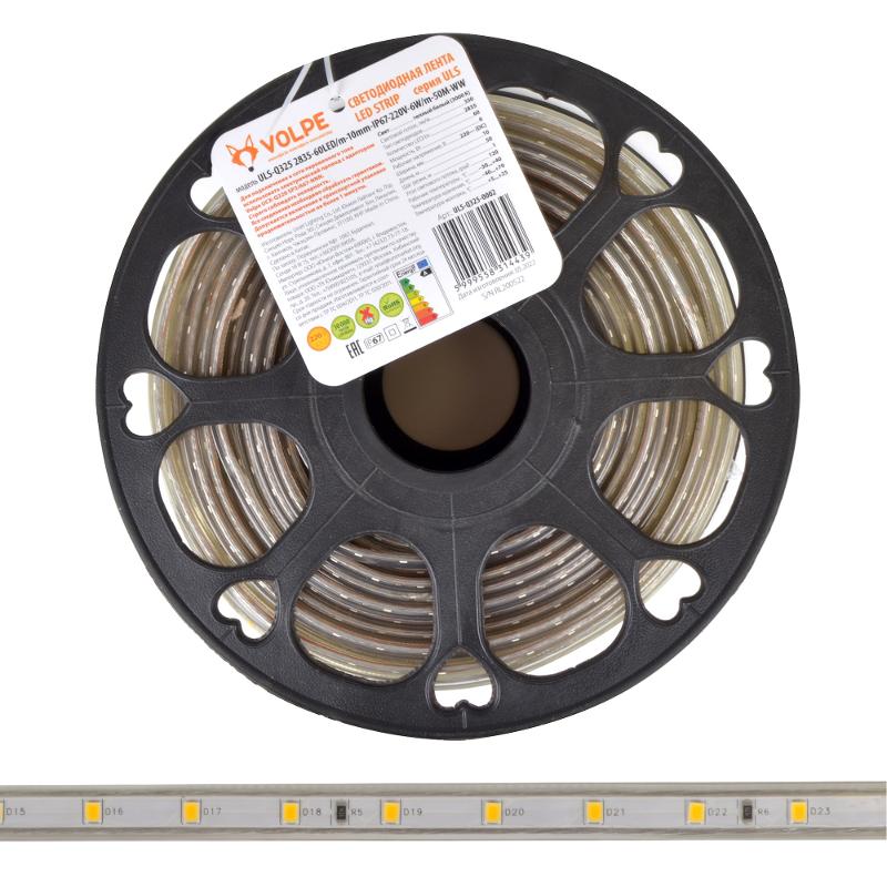Лента светодиодная 220В IP67 50м 3000К ULS-Q325 2835-60LED/m-10mm-IP67-220V-6W/m-50M-WW