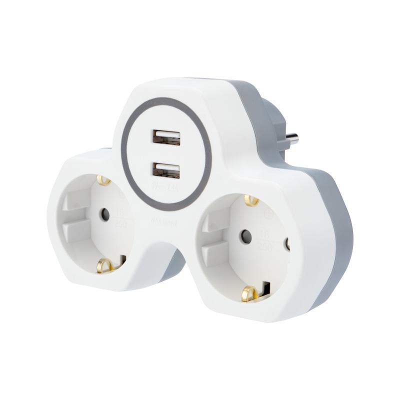 Двойник электрический 16 А с заземлением и защитными шторками + 2 USB порта, 2,4 А, белый