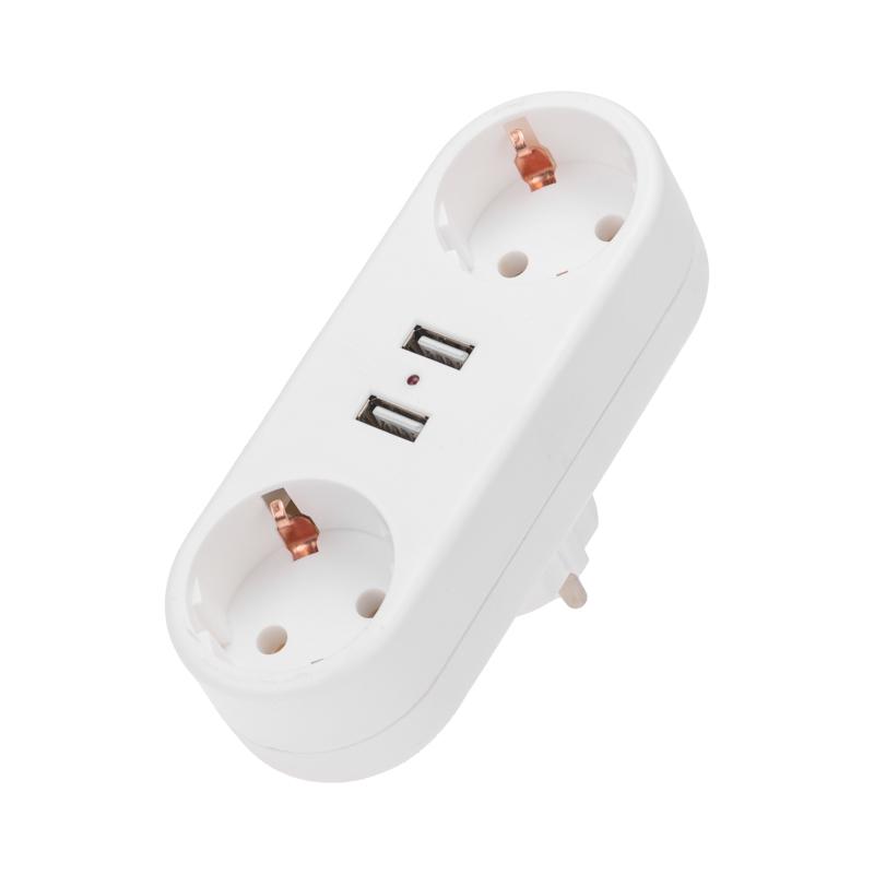 Двойник электрический линейный 16А с/з + 2 USB-порта, 2,4 А, белый