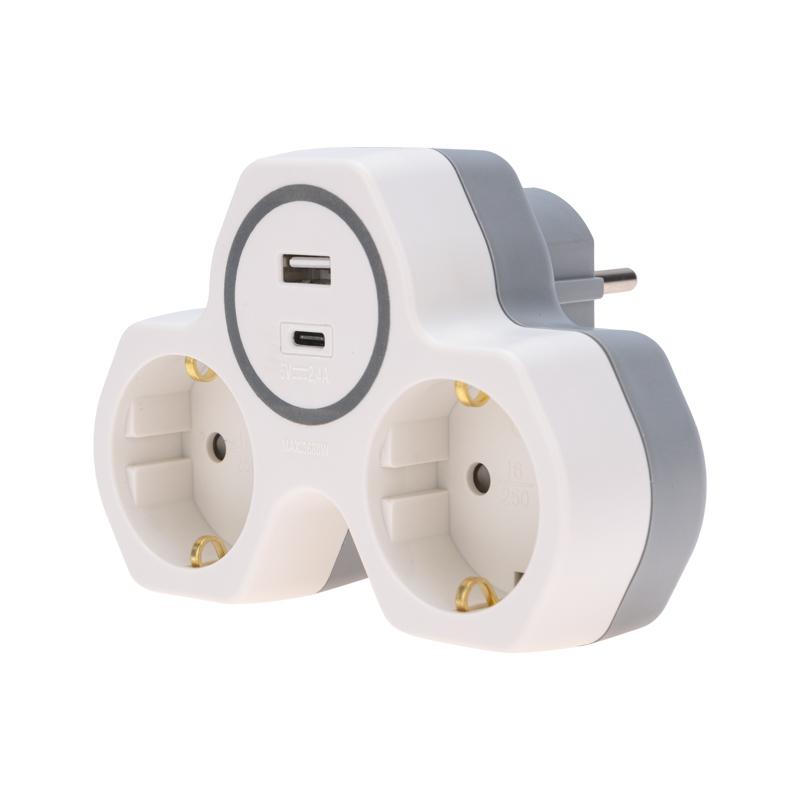 Двойник электрический (разветвитель) 16А с/з + USB-A + USB-C с защитными шторками, белый