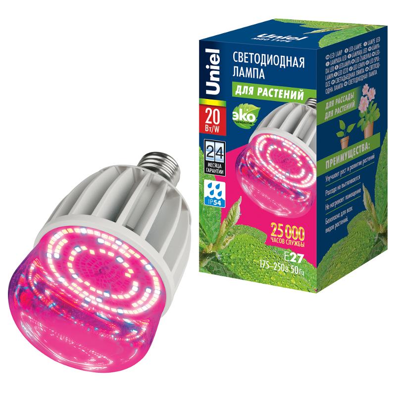 Лампа светодиодная LED-M80-20W/SP/E27/CL ALS55WH LED для растений, IP54. "M", прозрачная колба. Материал корпуса алюминий. Упаковка .