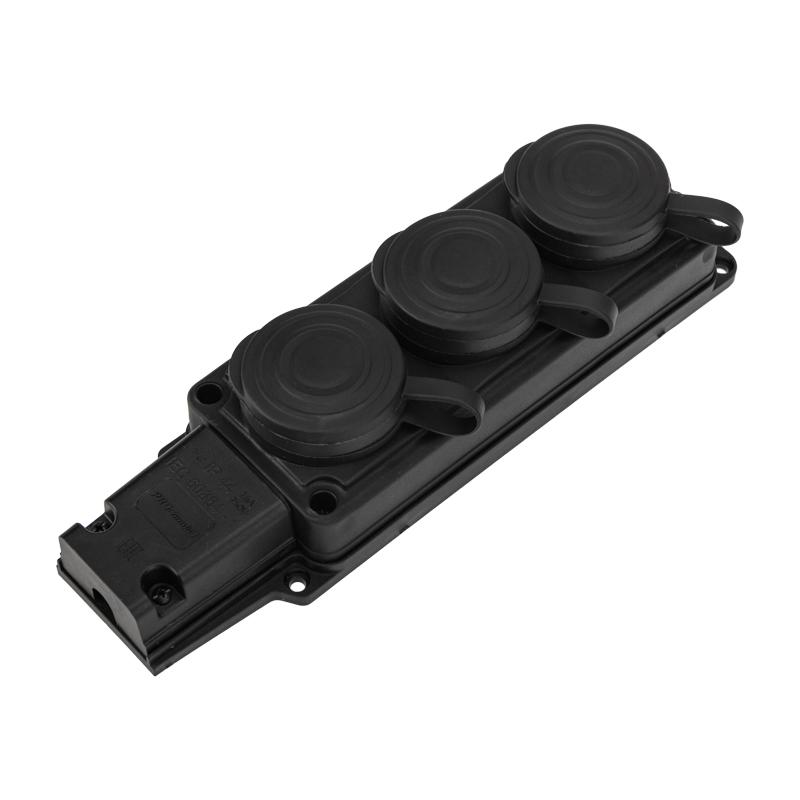 Розетка (колодка) штепсельная трехместная влагозащищенная 2P+PE 230V, 16 А, IP44 каучук