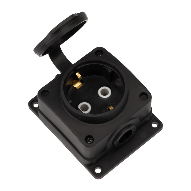 Розетка (колодка) влагозащищенная с крышкой 1 гнездо COMPACT, с/3, 16А, IP54, каучук, черная