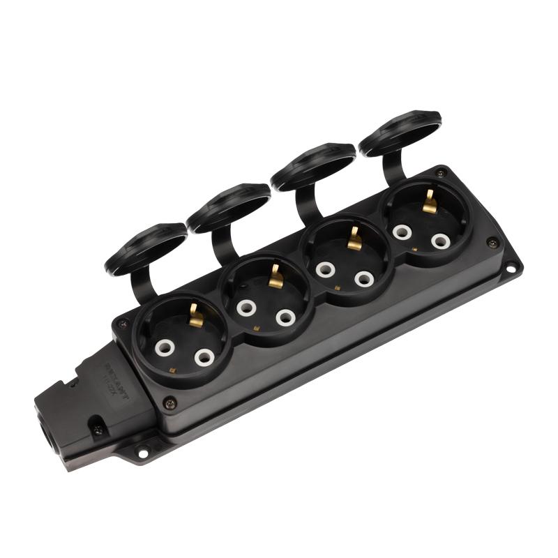 Розетка (колодка) влагозащищенная с крышкой 4 гнезда COMPACT, с/з, 16А, IP54, каучук, черная