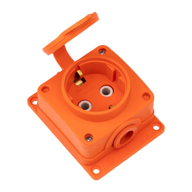 Розетка (колодка) влагозащищенная с крышкой 1 гнездо COMPACT, с/3, 16А, IP54, каучук, оранжевая