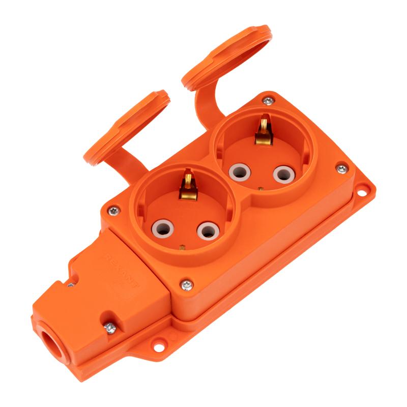 Розетка (колодка) влагозащищенная с крышкой 2 гнезда COMPACT, с/з, 16А, IP54, каучук, оранжевая