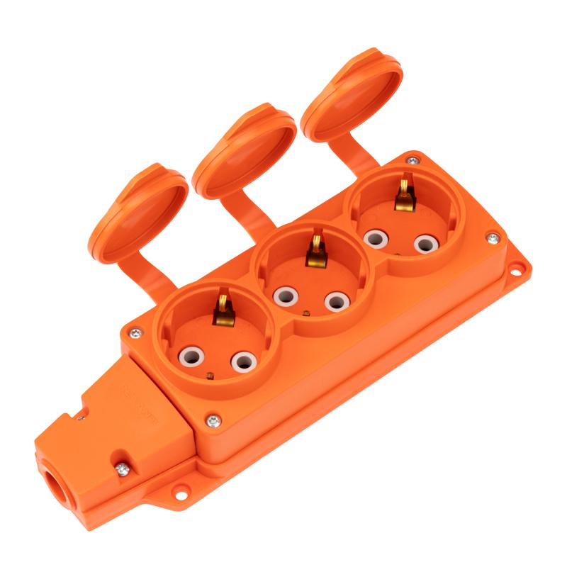 Розетка (колодка) влагозащищенная с крышкой 3 гнезда COMPACT, с/з, 16А, IP54, каучук, оранжевая