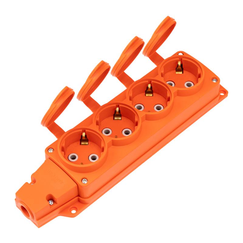 Розетка (колодка) влагозащищенная с крышкой 4 гнезда COMPACT, с/з, 16А, IP54, каучук, оранжевая