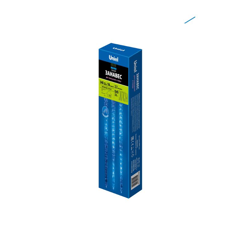 Занавес светодиодный  фигурный «Сосульки» ULD-E3005-300/DTK BLUE IP44 ICICLE   соед. , 2,7х0,42м. 10 подвесов. синий свет. шнур прозр.