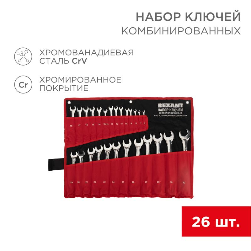 Набор ключей комбинированных 6х32 мм, 26 шт., CrV, полированный хром