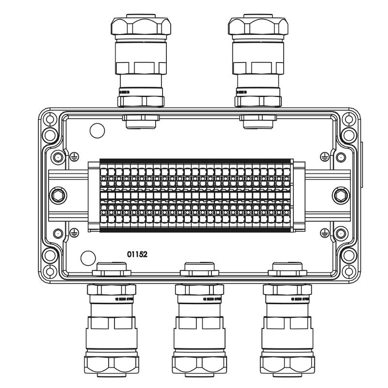 Коробка клеммная Ex из алюминия: 1Ex e IIC Т5 Gb / Ex tb IIIB T95°C DbIP66: Клеммы 2,5 кв.мм -25 шт.: А,С:ввод D8-13мм под небронир-ныйкабель в мет