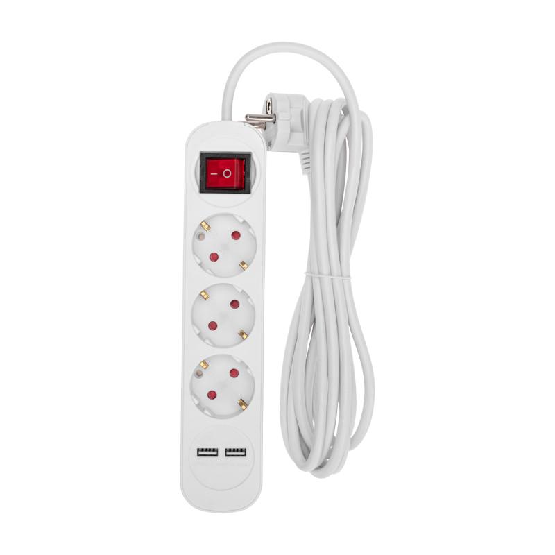 Удлинитель STANDARD 3 гнезда, 3м, 3х1,0мм², с/з, с выключателем, 2 USB, белый