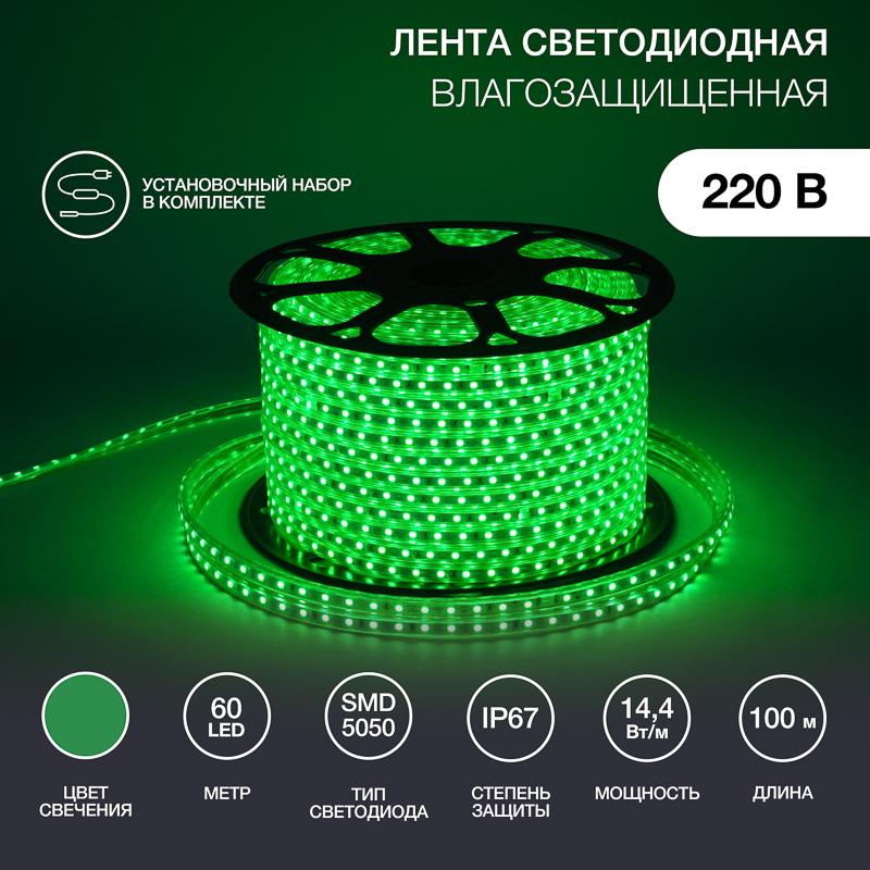 Лента светодиодная 220В, 13*8 мм, IP67, SMD 5050, 60 LED/m Зеленая